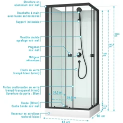 Cabine De Douche|Aurlane Cabine de douche carrée 80x80x200 cm - Portes coulissantes - Fonds Blancs & Profilés Noir Mat