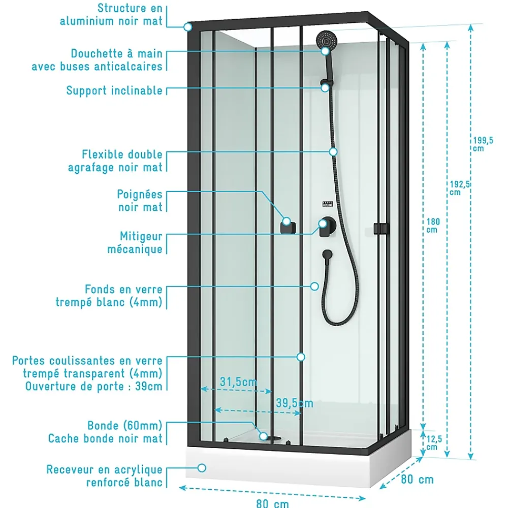 Cabine De Douche|Aurlane Cabine de douche carrée 80x80x200 cm - Portes coulissantes - Fonds Blancs & Profilés Noir Mat