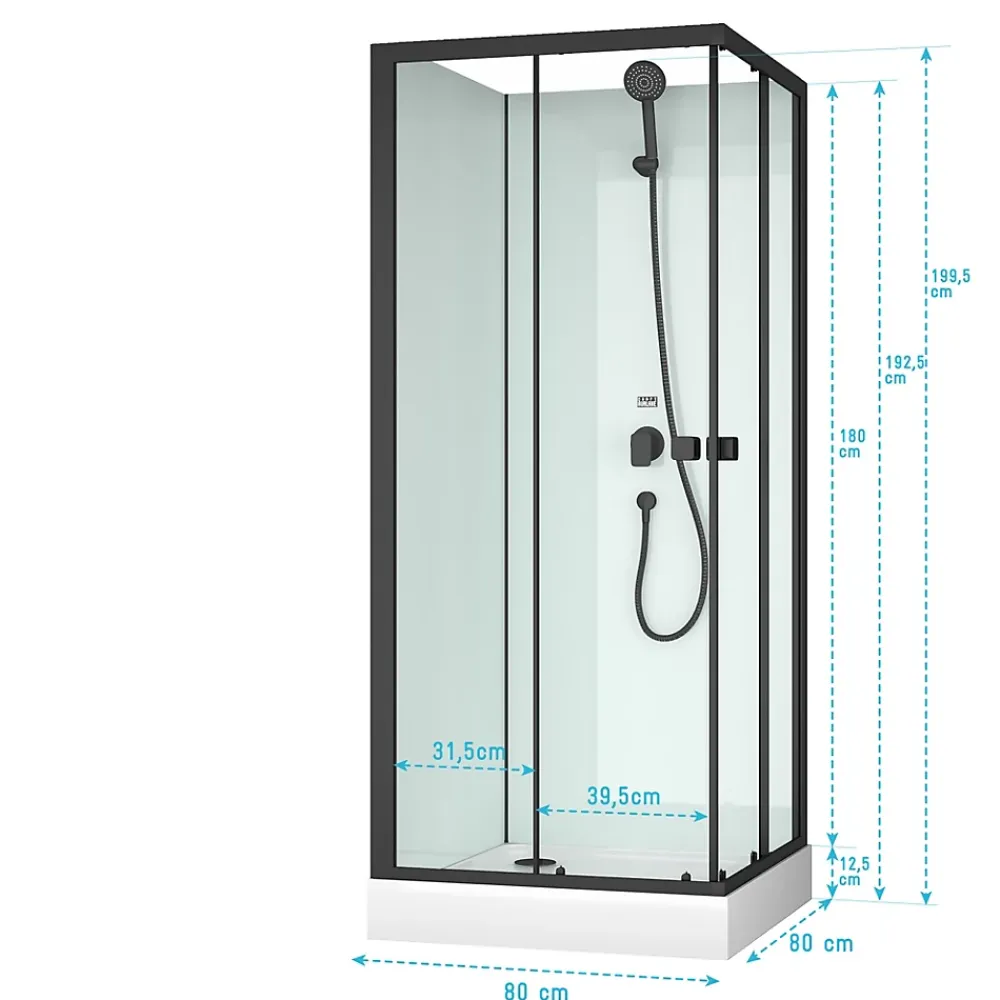 Cabine De Douche|Aurlane Cabine de douche carrée 80x80x200 cm - Portes coulissantes - Fonds Blancs & Profilés Noir Mat