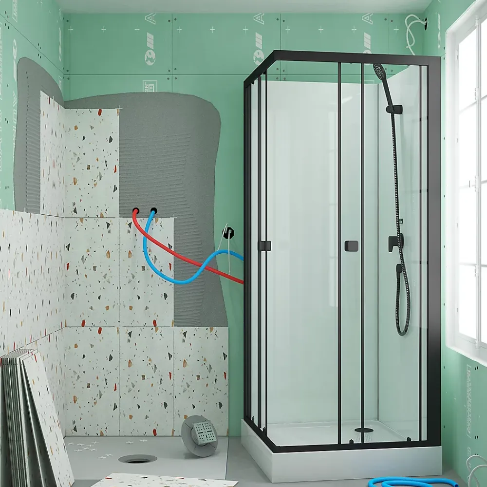 Cabine De Douche|Aurlane Cabine de douche carrée 80x80x200 cm - Portes coulissantes - Fonds Blancs & Profilés Noir Mat