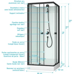Cabine De Douche|Aurlane Cabine de douche carrée 80x80x200 cm - Portes coulissantes - Fonds Blancs & Profilés Noir Mat