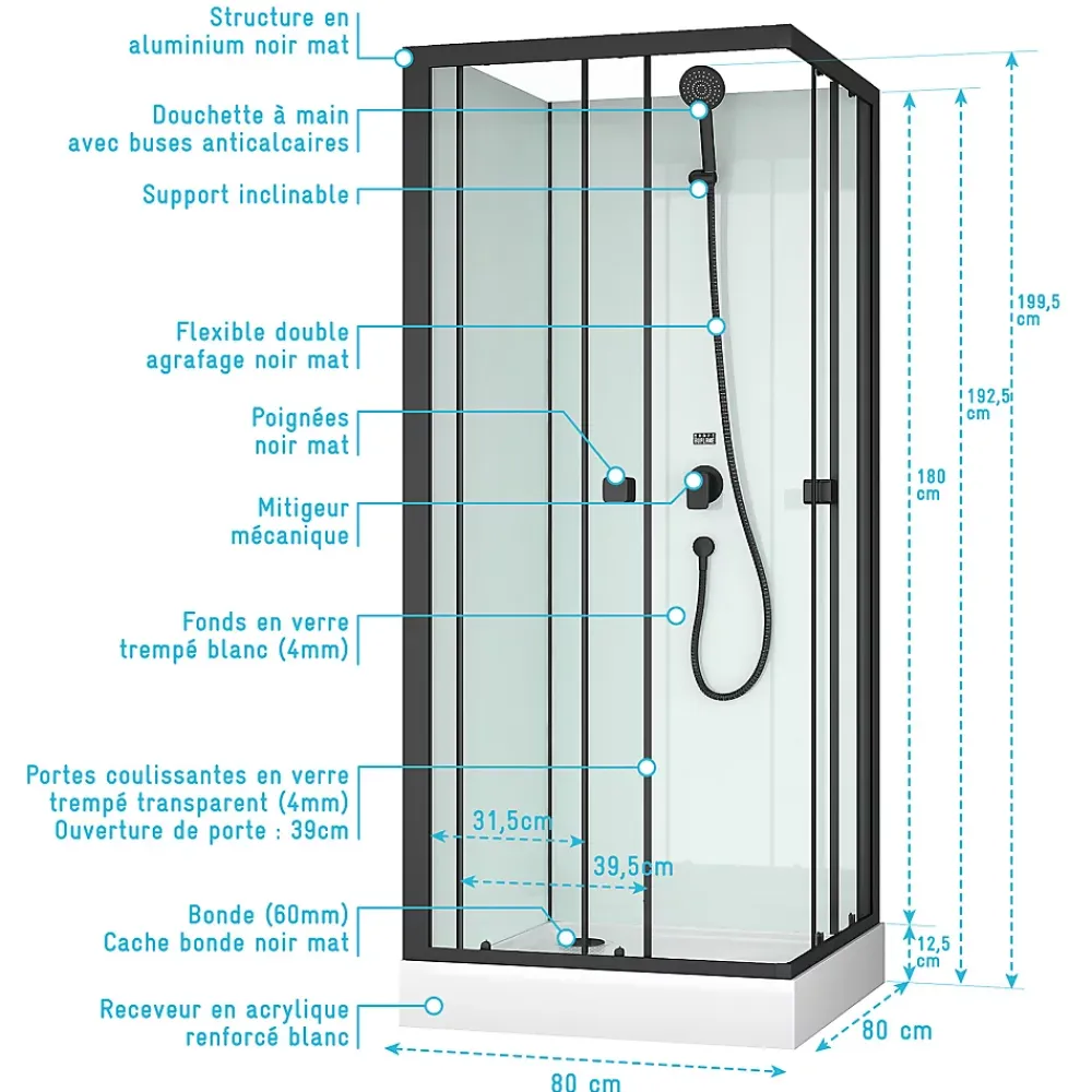 Cabine De Douche|Aurlane Cabine de douche carrée 80x80x200 cm - Portes coulissantes - Fonds Blancs & Profilés Noir Mat