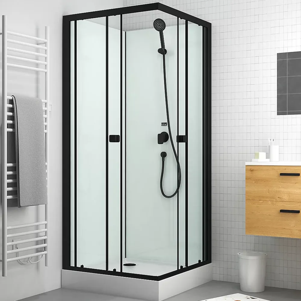 Cabine De Douche|Aurlane Cabine de douche carrée 80x80x200 cm - Portes coulissantes - Fonds Blancs & Profilés Noir Mat