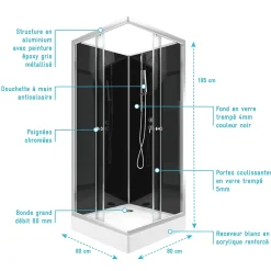 Aurlane Cabine de douche carrée 80x80x195 - Portes coulissantes en verre trempé 5mm - SQUARY BLACK 2