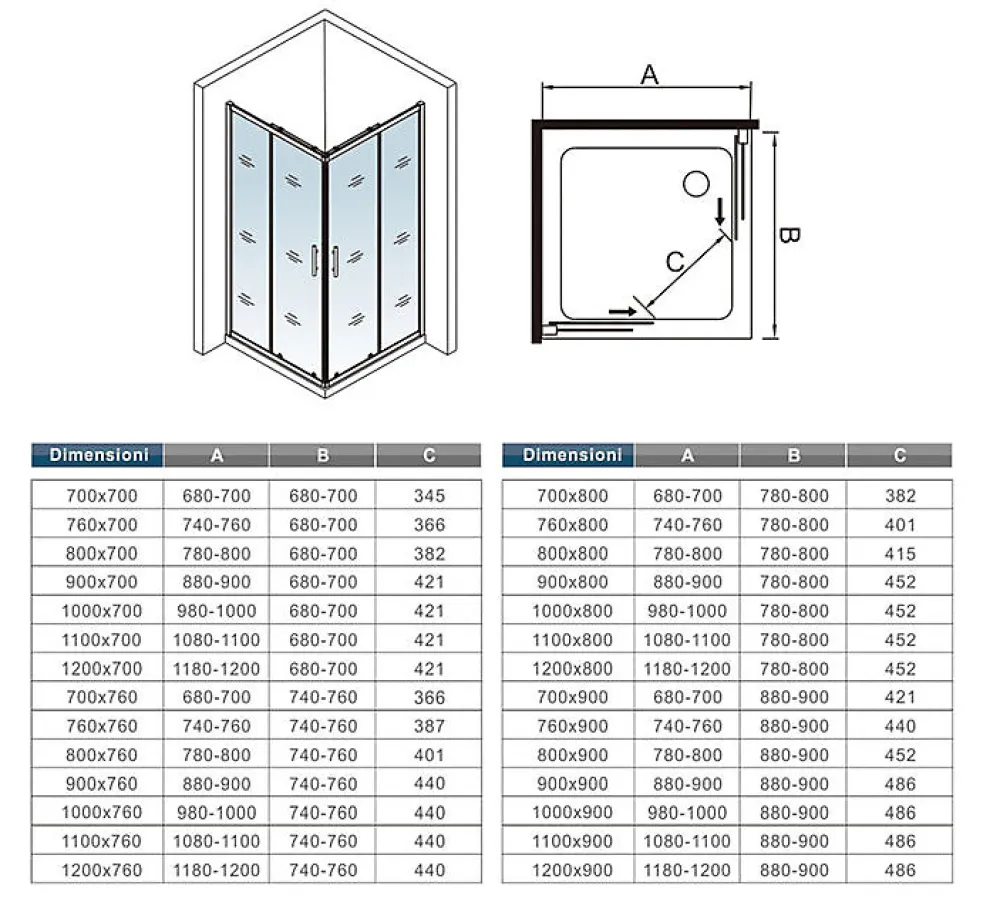 Cabine De Douche|AICA Sanitaire Cabine de douche coulissante - Verre anticalcaire 6 mm - Accès par angle - Poignée en acier inox chromé - 100x90x195 cm