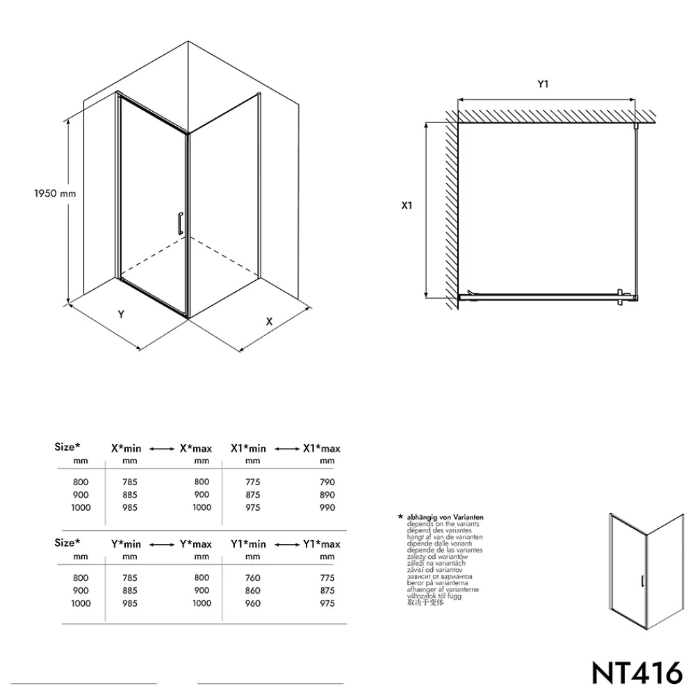 Bernstein Cabine de douche d'angle 100x100x195cm (LxPxH) verre 8mm, 1 porte battante 100cm, Profilé chrome - NT416