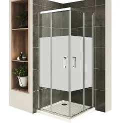 Saniverre Cabine De Douche H180 90x100cm - Verre Centre-opaque Portes Coulissantes Lana+ (sans Receveur) -