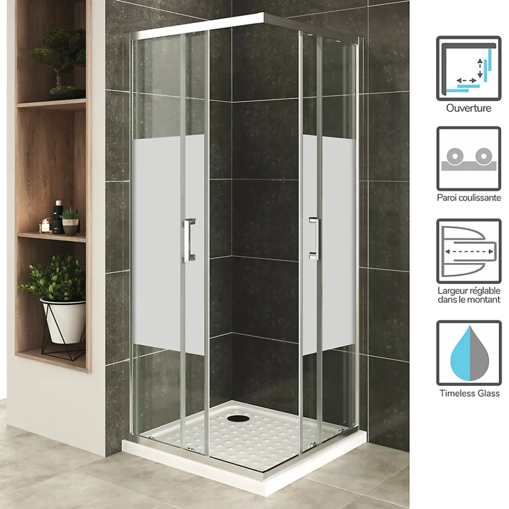 Saniverre Cabine De Douche H180 90x100cm - Verre Centre-opaque Portes Coulissantes Lana+ (sans Receveur) -