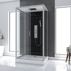 Cabine De Douche|Aurlane Cabine de douche Hydromassante 110x80x215 cm - Fond Noir et Profilés Gris - BLACK STYLE
