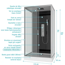 Cabine De Douche|Aurlane Cabine de douche Hydromassante 110x80x215 cm - Fond Noir et Profilés Gris - BLACK STYLE