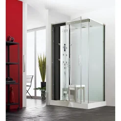 Cabine De Douche|Kinedo Cabine de douche hydromassante et hammam HORIZON 120x120 hauteur receveur 12,5cm 1 porte pivotante finition perle noire