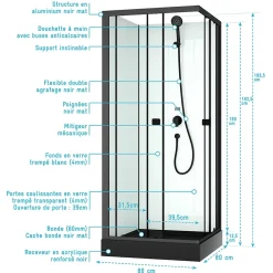 Aurlane Cabine de douche intégrale 80x80x200 cm carrée - Portes coulissantes - Receveur Noir Mat