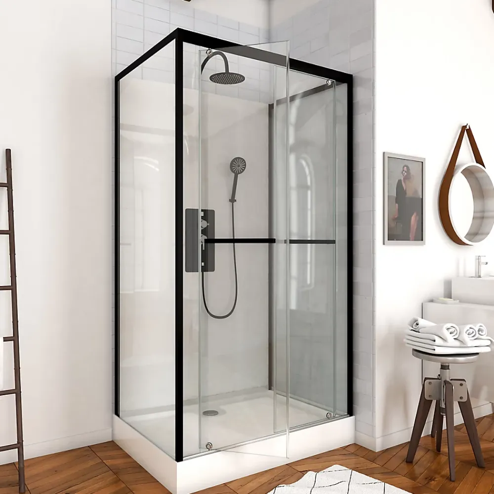Galedo Cabine de douche l.80 x L.110 x H.230 cm – porte pivotante, style industriel noir & blanc avec profilés noirs, City