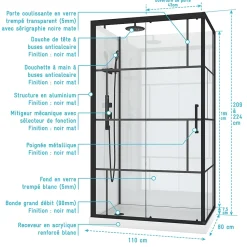 Galedo Cabine de douche l.80 x L.110 x H.210 cm – mitigeur mécanique, blanc et noir effet verrière, Graphic