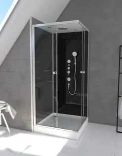 Cabine De Douche|Galedo Cabine de douche l.90 x L.90 x H.215 cm – hydromassante, fond noir verre trempé, profilés chromés, tablette, Black 2