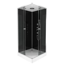 Cabine De Douche|Galedo Cabine de douche l.90 x L.90 x H.215 cm – hydromassante, fond noir verre trempé, profilés chromés, tablette, Black 2