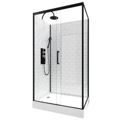 Cabine de douche L.80 x L.110 x H.230 cm – fond effet métro, douchette anticalcaire, style noir & blanc, Galedo Metro