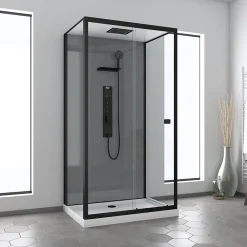 Cabine De Douche|Galedo Cabine de douche L.110 x l.80 x H.207,5 cm – hydromassante multijets, receveur bas, bouton push, Trendy Grey