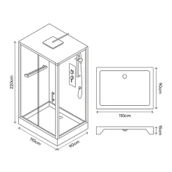 GoodHome Cabine de douche l.90 x L.110 x H.220 cm – hydromassante, fond gris profilés chromés, Beloya