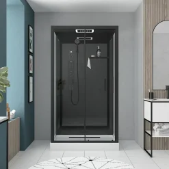 Galedo Cabine de douche l.115 x L.90 x H.220 cm – hydromassante connectée, Bluetooth, noir & blanc, plafond lumineux, Aura