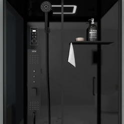 Galedo Cabine de douche l.115 x L.90 x H.220 cm – hydromassante connectée, Bluetooth, noir & blanc, plafond lumineux, Aura