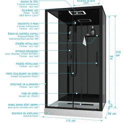 Galedo Cabine de douche l.115 x L.90 x H.220 cm – hydromassante connectée, Bluetooth, noir & blanc, plafond lumineux, Aura