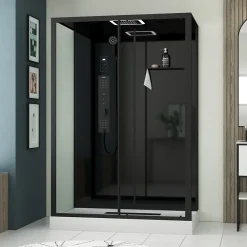 Cabine De Douche|Galedo Cabine de douche l.85 x L.140 x H.218 cm – XXL, hydromassante connectée, Bluetooth, noir & blanc, Aura