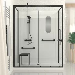 Galedo Cabine de douche l.85 x L.160 x H.200 cm – colonne thermostatique, noir & blanc, siège, large ouverture, Access 2