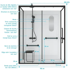 Galedo Cabine de douche l.85 x L.160 x H.200 cm – colonne thermostatique, noir & blanc, siège, large ouverture, Access 2