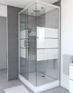 Cabine De Douche|Galedo Cabine de douche l.80 x L.110 x H.215 cm – structure gris métal, sérigraphie 3 bandes, porte coulissante, River 2