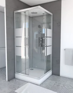 Cabine De Douche|Galedo Cabine de douche l.90 x L.90 x H.215 cm – structure effet chrome, fond gris, sérigraphie 3 bandes, River 2 Square