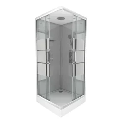 Cabine De Douche|Galedo Cabine de douche l.90 x L.90 x H.215 cm – structure effet chrome, fond gris, sérigraphie 3 bandes, River 2 Square