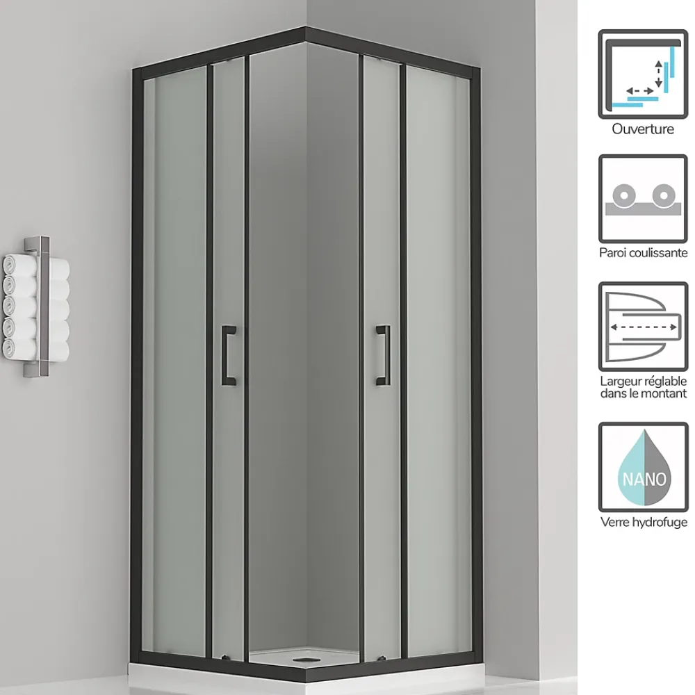 Saniverre Cabine de douche LANABLACK H.180 cm portes coulissantes verre 6 mm opaque 70 x 70 cm -