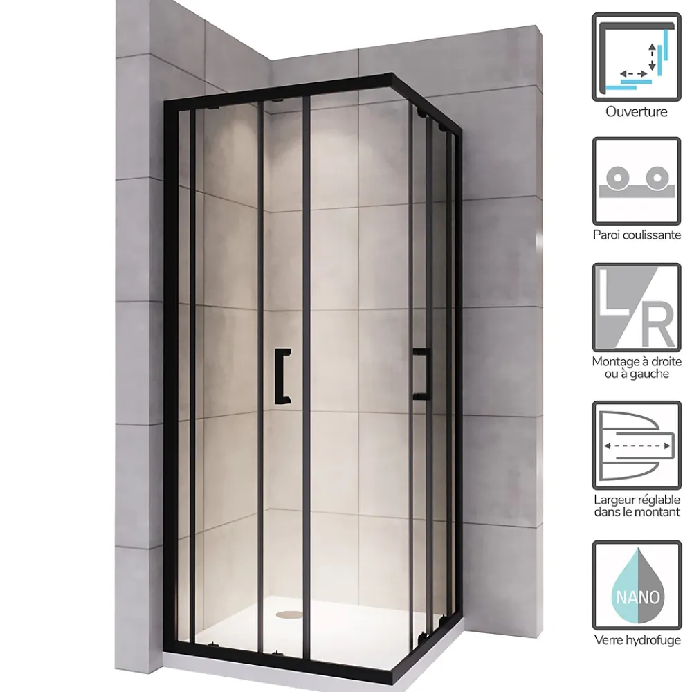 Saniverre Cabine de douche LANABLACK H.190 cm portes coulissantes verre 6 mm transparent 90 x 90 cm -