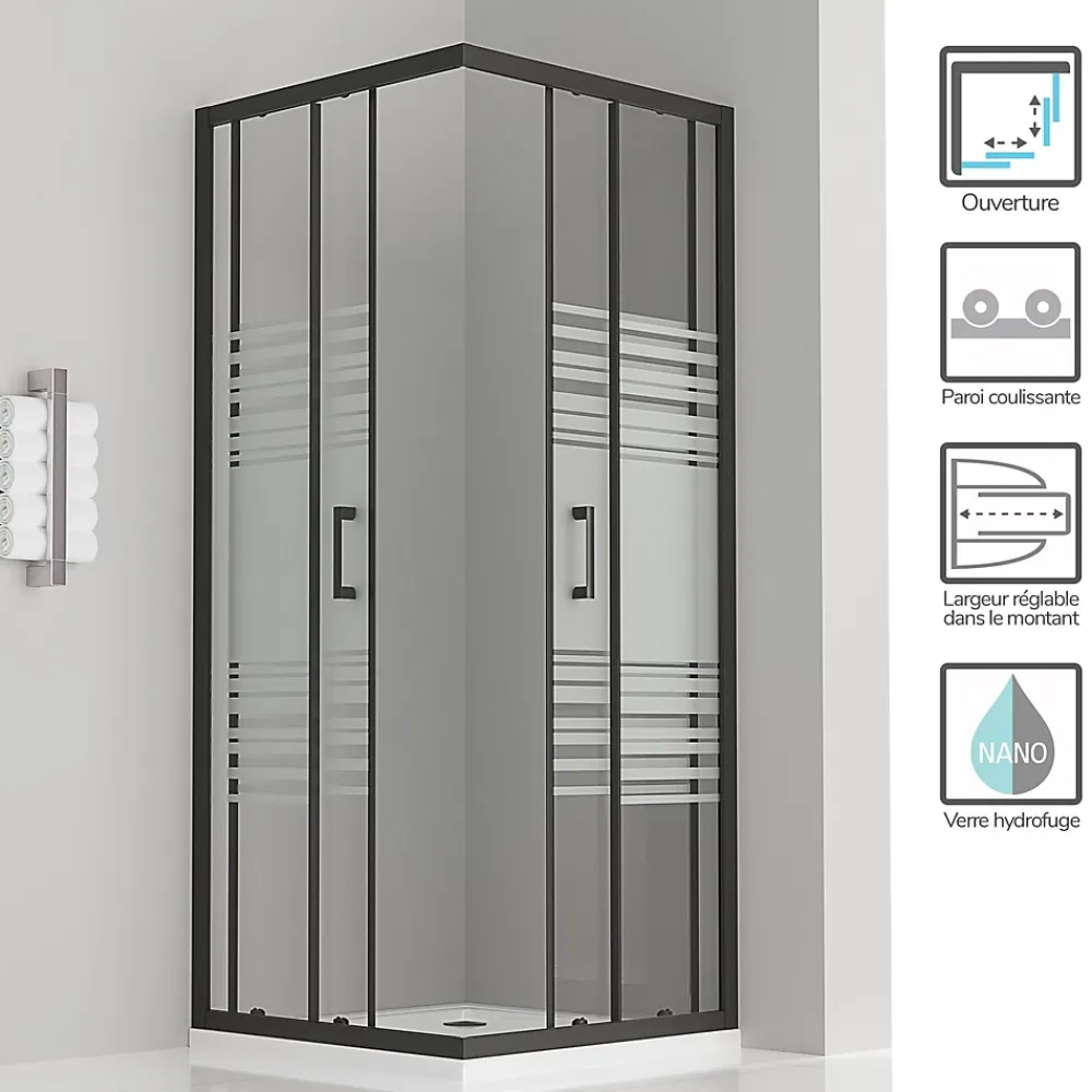 Saniverre Cabine de douche LANABLACK H.180 cm portes coulissantes verre 6 mm semi-opaque 80 x 80 cm -