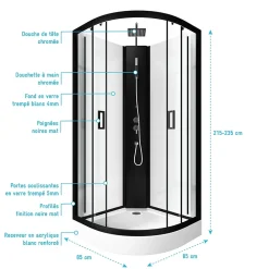 Aurlane Cabine de douche LIFT UP BLACK 1/4 de cercle 85x85x235cm