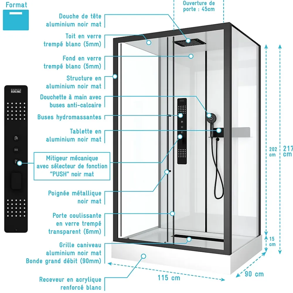 Aurlane Cabine de douche RECTANGLE - 90x115x217 cm - FACTORY 2 RECTANGLE