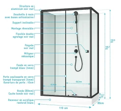 Aurlane Cabine de douche rectangulaire 110x80x197 cm - Porte coulissante - Fonds Blancs & Profilés Noir Mat