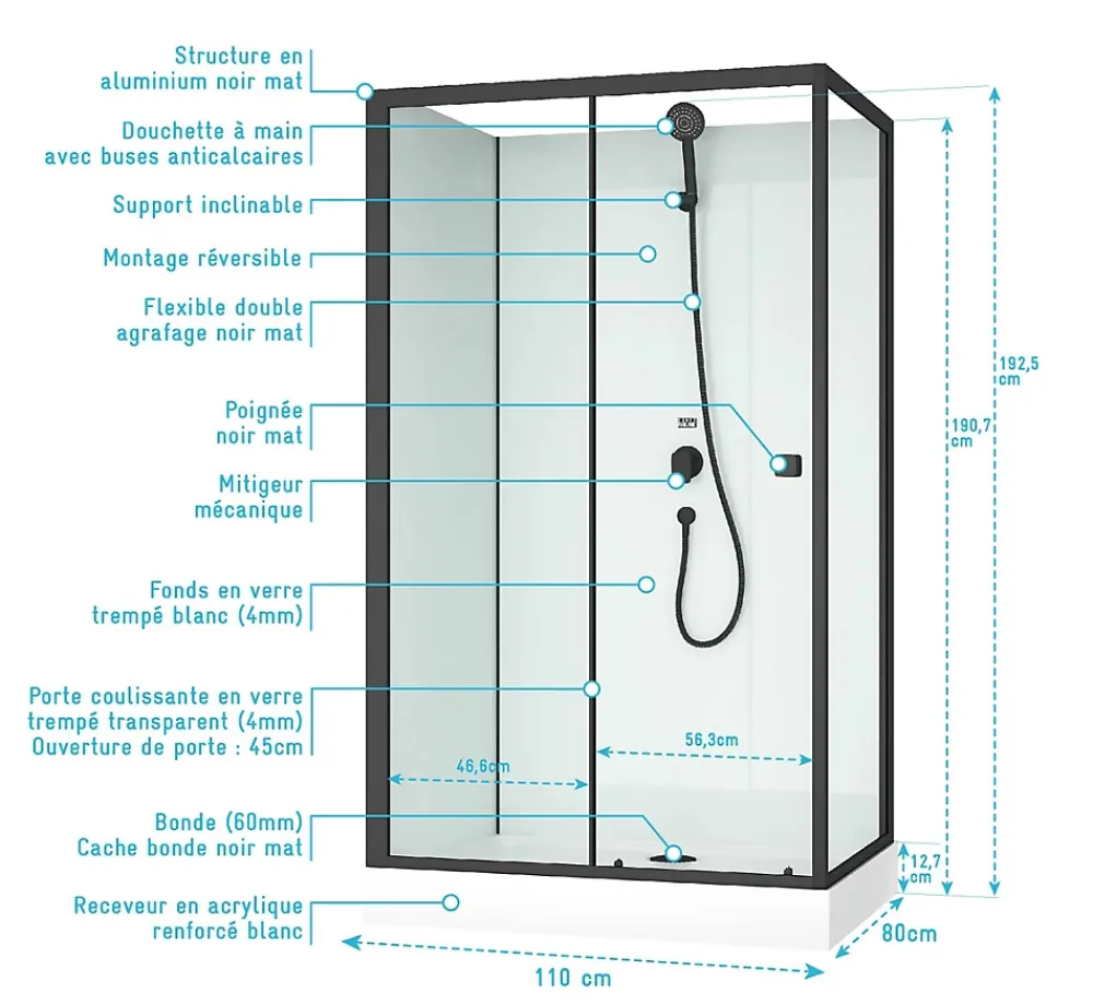 Aurlane Cabine de douche rectangulaire 110x80x197 cm - Porte coulissante - Fonds Blancs & Profilés Noir Mat