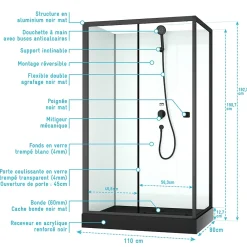Cabine De Douche|Aurlane Cabine de douche rectangulaire 110x80x197 cm - Porte coulissante - Receveur Noir Mat