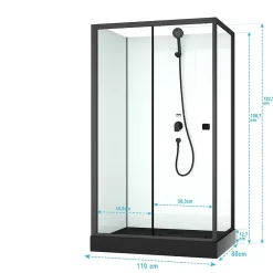 Cabine De Douche|Aurlane Cabine de douche rectangulaire 110x80x197 cm - Porte coulissante - Receveur Noir Mat