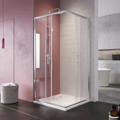 Sirhona Cabine de Douche 76x76x185cm Double Porte Coulissante + Entrée d'angle + Verre trempé 6 mm + Argent Brillant
