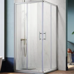 Cabine De Douche|Sirhona Cabine de Douche 90x90x185cm Porte Coulissante Double + Entrée d'angle + Verre trempé 6 mm + Argent Brillant