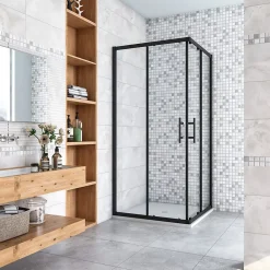 AICA Sanitaire Cabine de douche 80x80x200cm accès d'angle - Noir Mat , noire porte de douche coulissante, en 6mm verre anticalcaire,