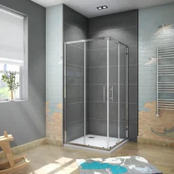 AICA Sanitaire Cabine de douche 90x90x185cm accès d'angle - Chromée , porte de douche coulissante, en 6mm verre anticalcaire