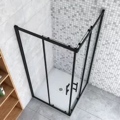 Cabine De Douche|AICA Sanitaire Cabine de douche 90x90x200cm accès d'angle - Noir Mat , noire porte de douche coulissante, en 6mm verre anticalcaire