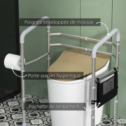 Wc Pmr|Homcom Cadre de sécurité de toilettes - cadre de toilettes réglable - barres d'appui rembourrées pour toilettes - alu. EVA gris