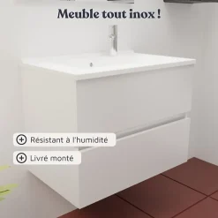 Meuble Sous-Vasque|Cuisibane Caisson de salle de bain ROSALY INOX - 70 cm- Blanc- Plan vasque en