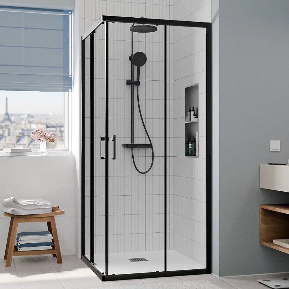 Ceramia CASCADA Porte de douche 80x80x195cm coulissante anticalcaire avec profilés Noir mat (CERAHC8080B)