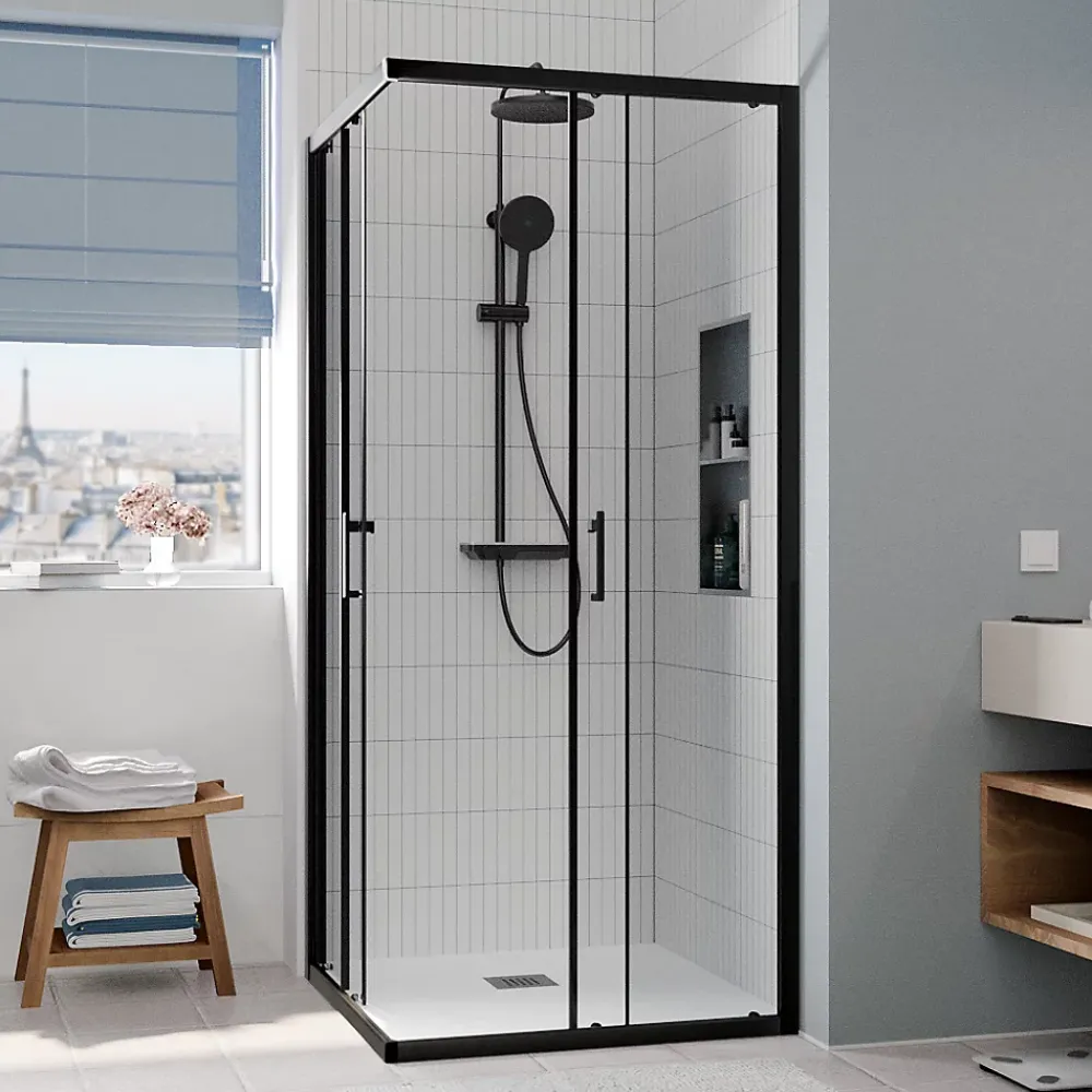 Ceramia CASCADA Porte de douche 80x80x195cm coulissante anticalcaire avec profilés Noir mat (CERAHC8080B)